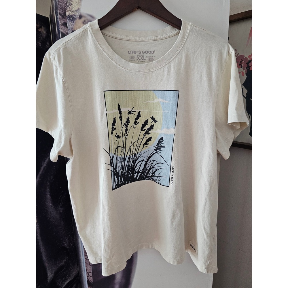 Life is Good Crusher Tee XXL Womens Cream Nature Dragonfly Graphic T-Shirt